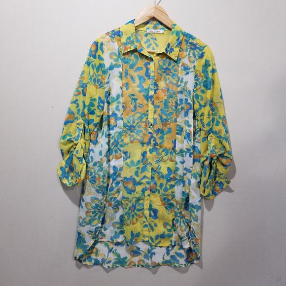 Anthropologie Tops - Figueroa & Flower Shirt Womens Large Multicolor Floral Sheer Tunic Roll Tab